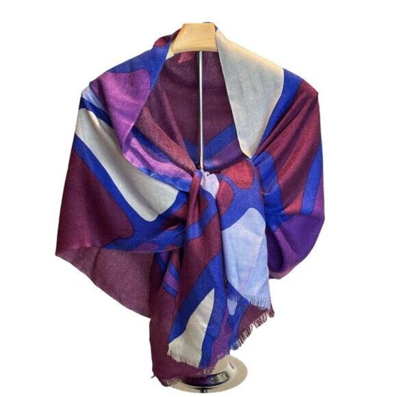 NWT Nordstrom Viscose Blue Purple Gray Burgandy Design Scarf Shawl - Picture 1 of 4